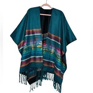 Western Southwest Rainbow Fringe Wrap Poncho Festival‎ Boho Colorful Aztec Teal
